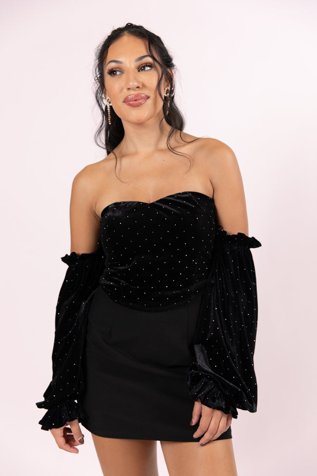 Brightest Star Black Off The Shoulder Rhinestone Studded Velvet Top FINAL SALE-Sunny Prom