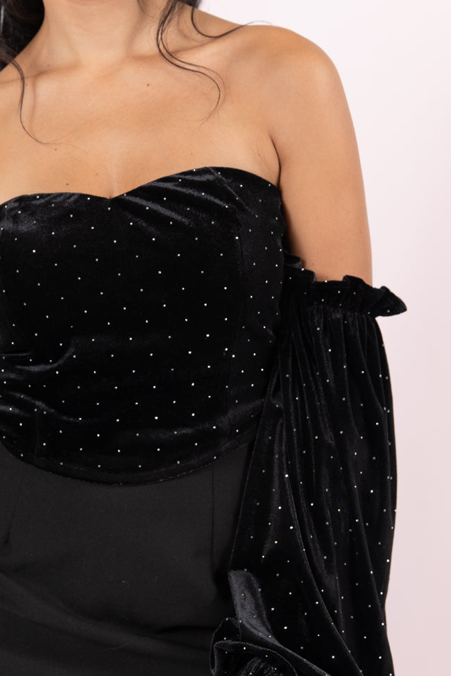 Brightest Star Black Off The Shoulder Rhinestone Studded Velvet Top FINAL SALE-Sunny Prom