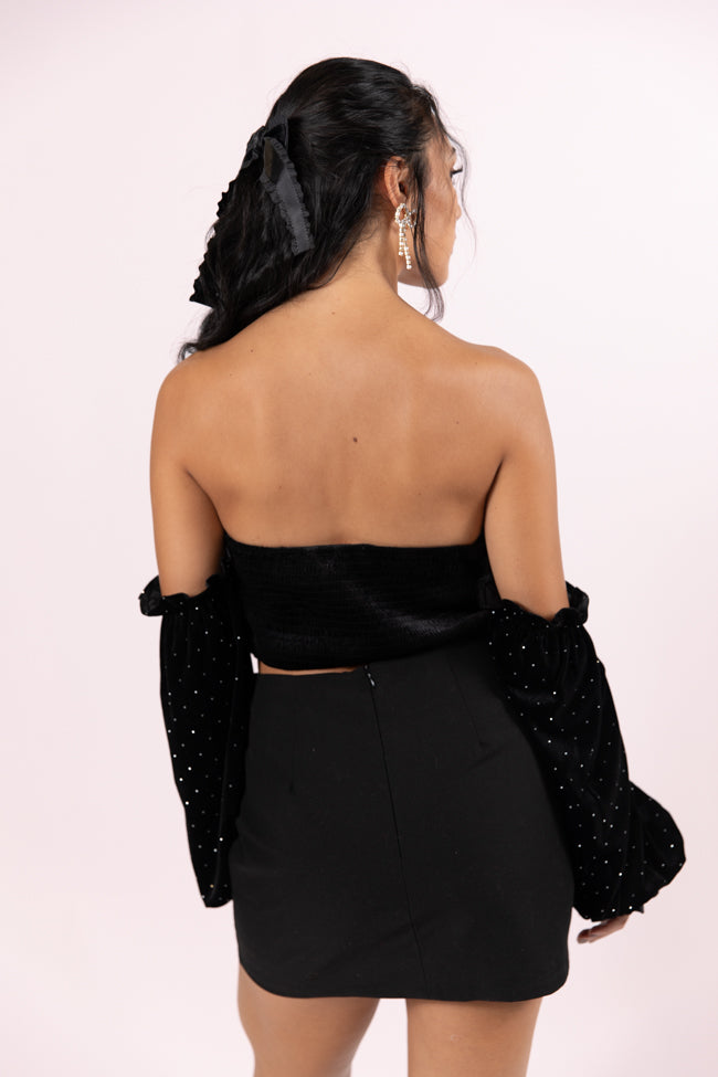 Brightest Star Black Off The Shoulder Rhinestone Studded Velvet Top FINAL SALE-Sunny Prom