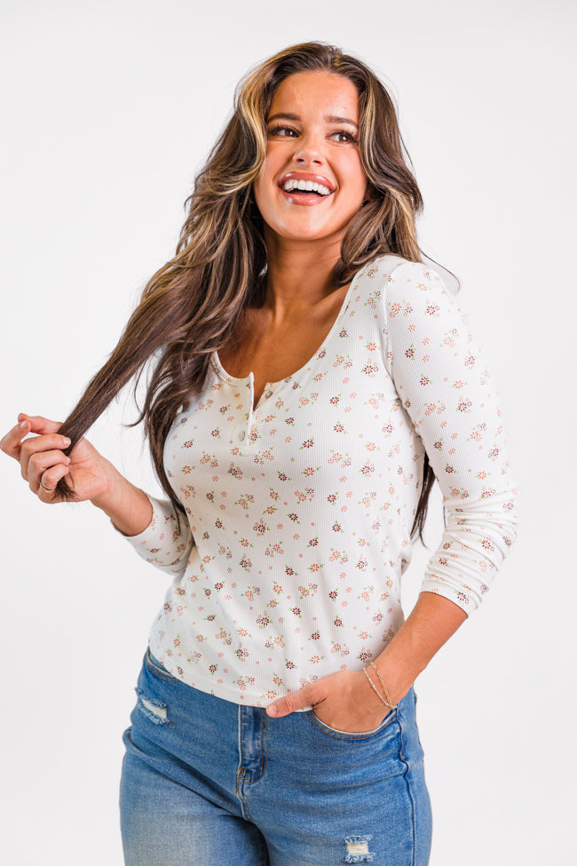 Best In Bloom Ivory Ribbed Floral Henley Top FINAL SALE-Sunny Prom