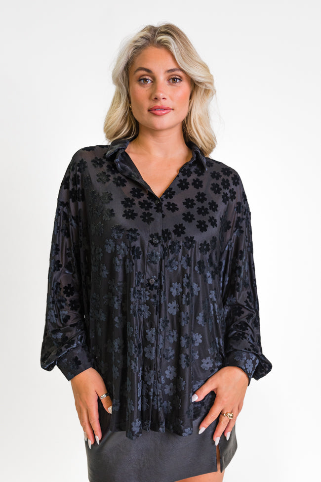 Face The Day Black Velvet Floral Button Down Blouse FINAL SALE-Sunny Prom