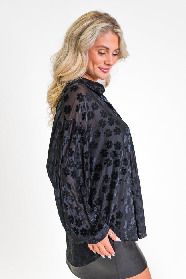 Face The Day Black Velvet Floral Button Down Blouse FINAL SALE-Sunny Prom