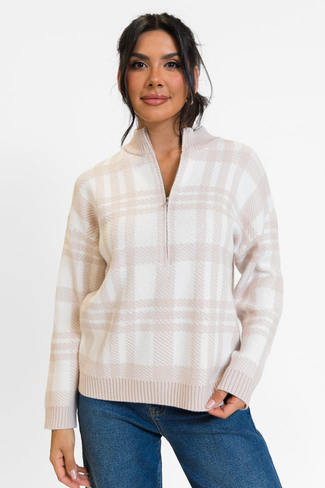 Make It Count Beige Plaid Printed Quarter Zip Pullover FINAL SALE-Sunny Prom