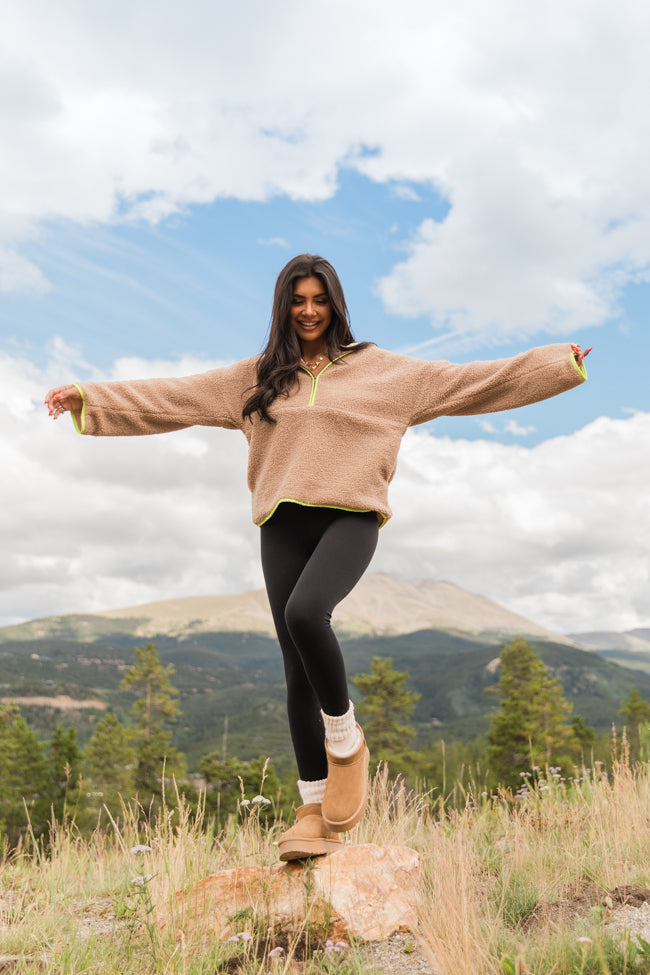 My Go To Taupe and Lime Sherpa Quarter Zip Hooded Pullover FINAL SALE-Sunny Prom