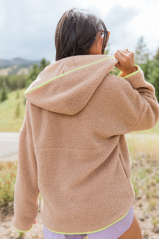 My Go To Taupe and Lime Sherpa Quarter Zip Hooded Pullover FINAL SALE-Sunny Prom