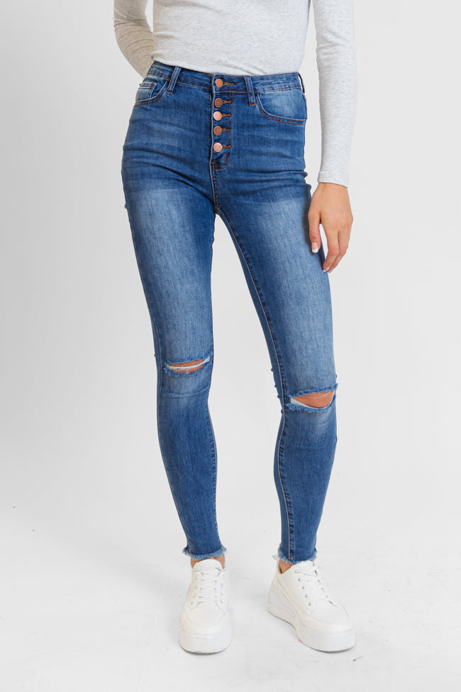 Chelsie Medium Wash Busted Knee Tall Skinny Jeans FINAL SALE-Sunny Prom