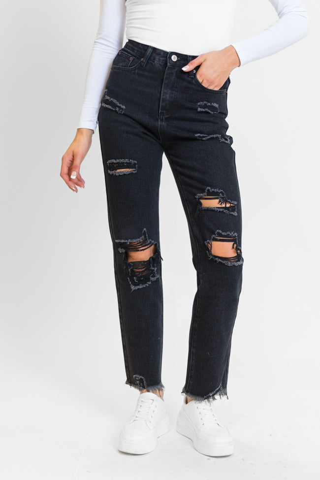 Megan Black Wash Distressed Straight Leg Tall Mom Jeans FINAL SALE-Sunny Prom