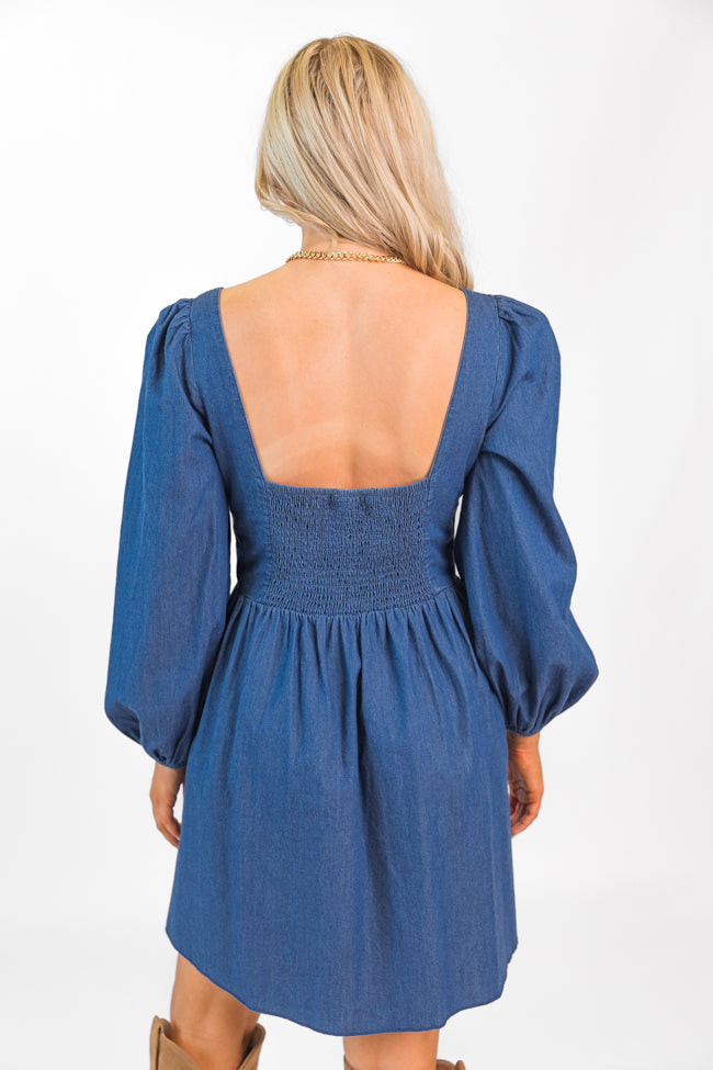 Up To Me Medium Wash Lace Up Detail Chambray Dress FINAL SALE-Sunny Prom