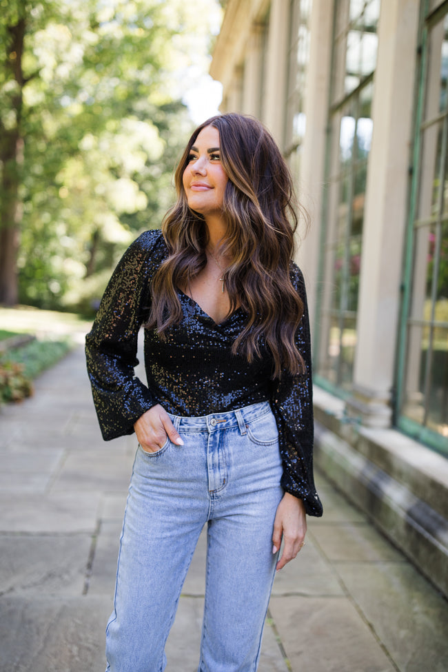 Holiday Toast Black Puff Sleeve Sequin Bodysuit FINAL SALE-Sunny Prom