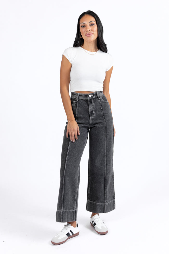Estelle Black Acid Wash Wide Leg Front Seam Denim Pants FINAL SALE-Sunny Prom
