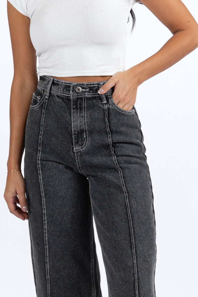 Estelle Black Acid Wash Wide Leg Front Seam Denim Pants FINAL SALE-Sunny Prom