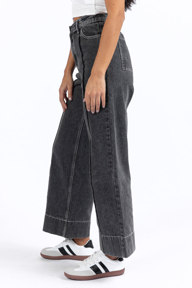 Estelle Black Acid Wash Wide Leg Front Seam Denim Pants FINAL SALE-Sunny Prom
