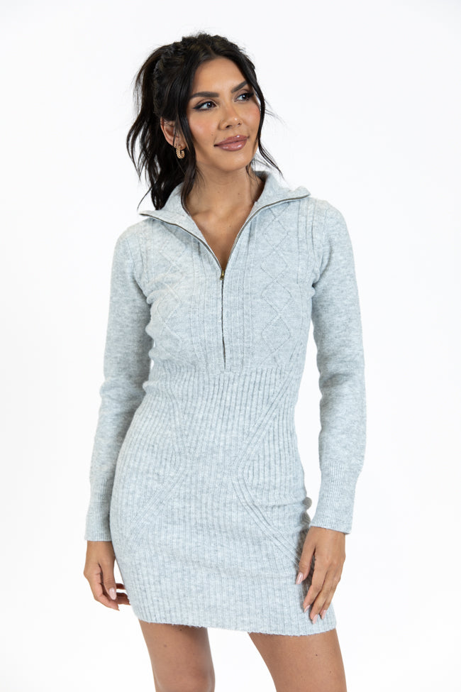 Taking Compliments Grey Quarter Zip Style Sweater Dress FINAL SALE-Sunny Prom