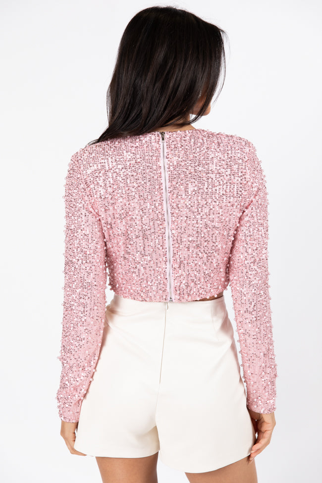 In Good Spirits Pink Pearl And Sequin Embellished Crop Blouse FINAL SALE-Sunny Prom