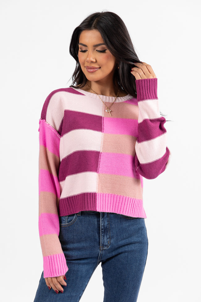 Take Your Time Pink and Berry Multi Color Block Striped Crop Sweater FINAL SALE-Sunny Prom