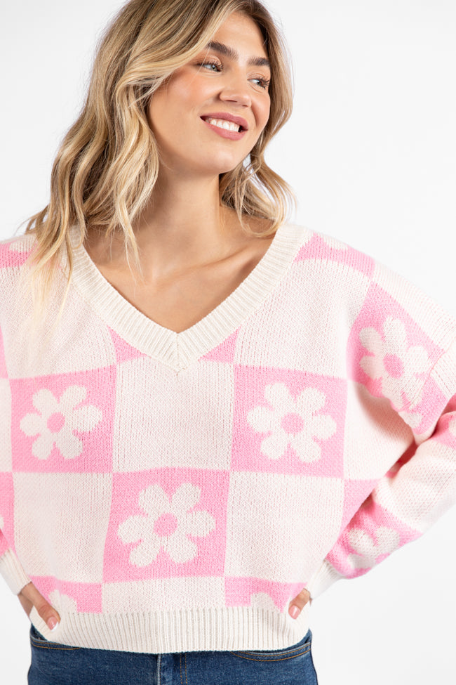 Found A New Way Pink V-Neck Checkered Flower Sweater FINAL SALE-Sunny Prom