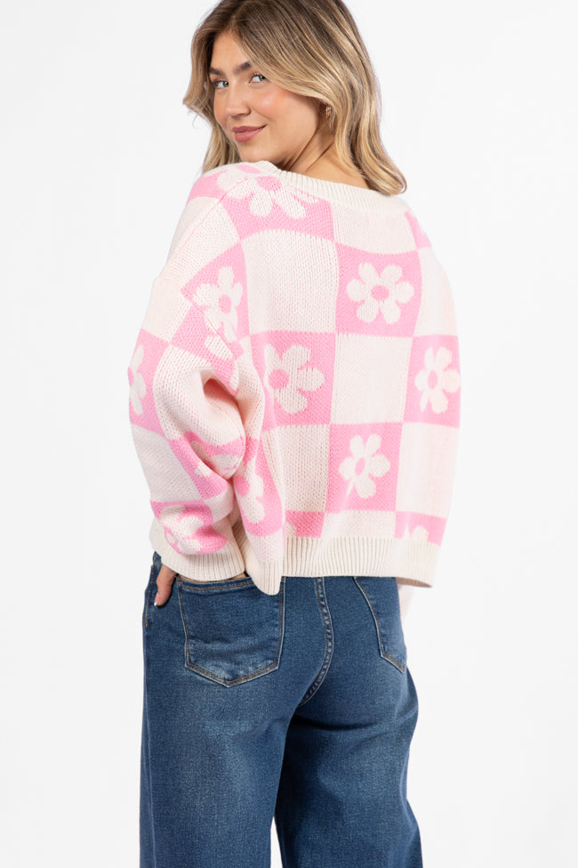 Found A New Way Pink V-Neck Checkered Flower Sweater FINAL SALE-Sunny Prom
