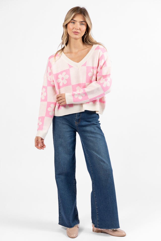 Found A New Way Pink V-Neck Checkered Flower Sweater FINAL SALE-Sunny Prom
