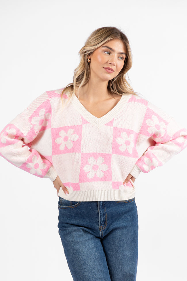 Found A New Way Pink V-Neck Checkered Flower Sweater FINAL SALE-Sunny Prom