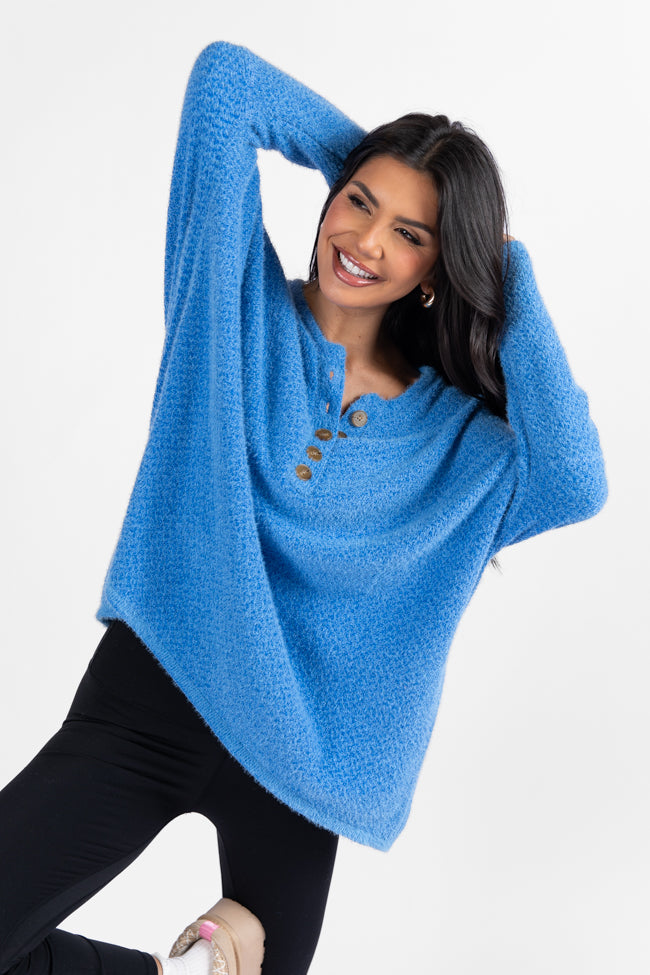 Thinking Of You Blue Fuzzy Henley Blouse FINAL SALE-Sunny Prom