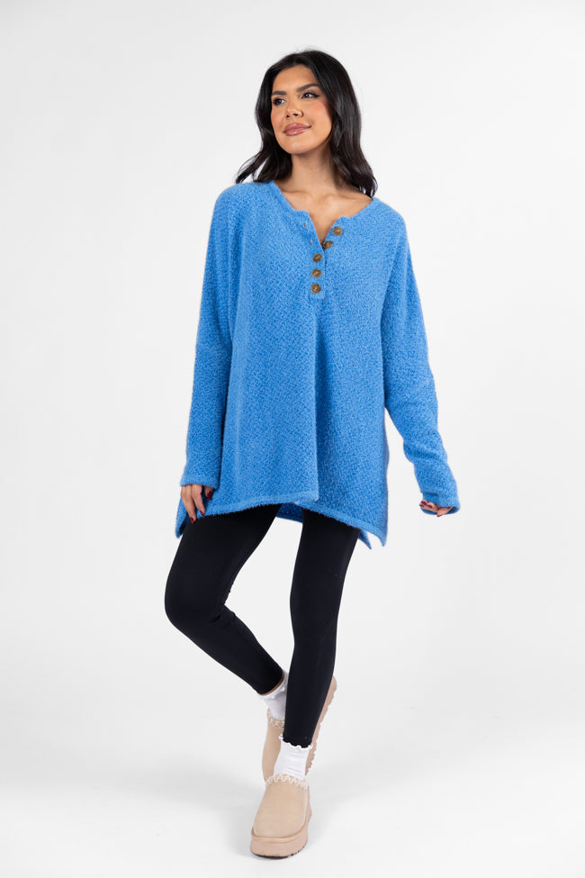 Thinking Of You Blue Fuzzy Henley Blouse FINAL SALE-Sunny Prom