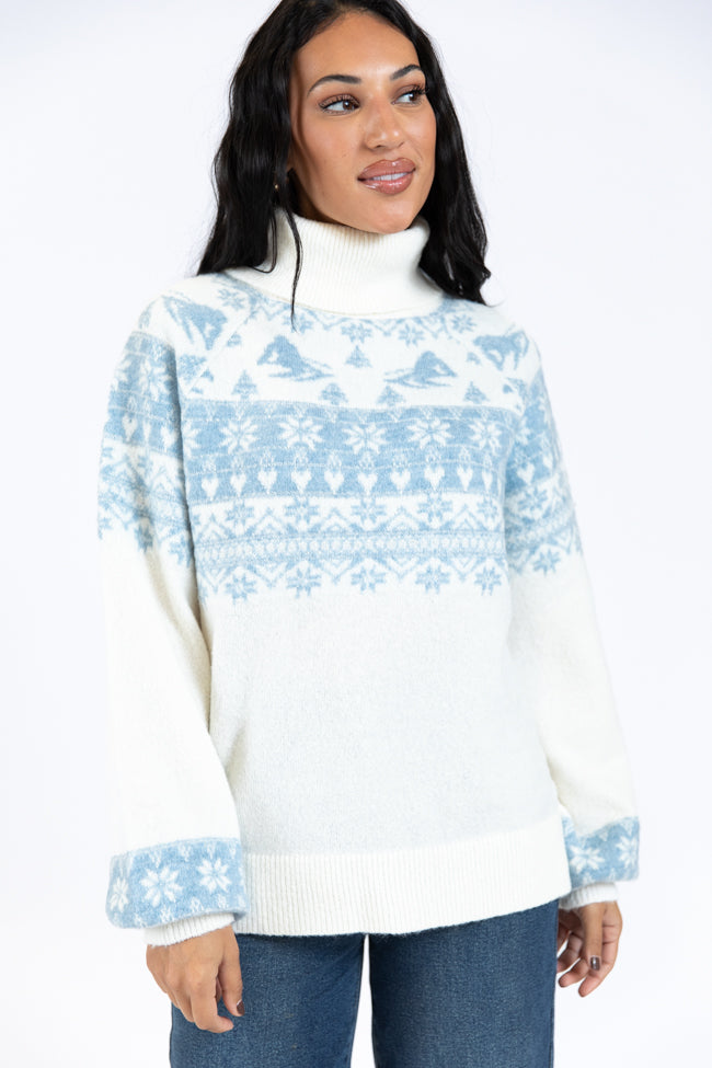 For The Best Ivory and Blue Ski Print Fair Isle Turtleneck Sweater FINAL SALE-Sunny Prom