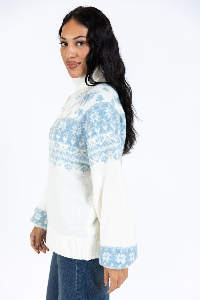 For The Best Ivory and Blue Ski Print Fair Isle Turtleneck Sweater FINAL SALE-Sunny Prom