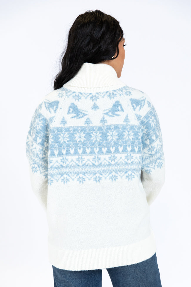 For The Best Ivory and Blue Ski Print Fair Isle Turtleneck Sweater FINAL SALE-Sunny Prom