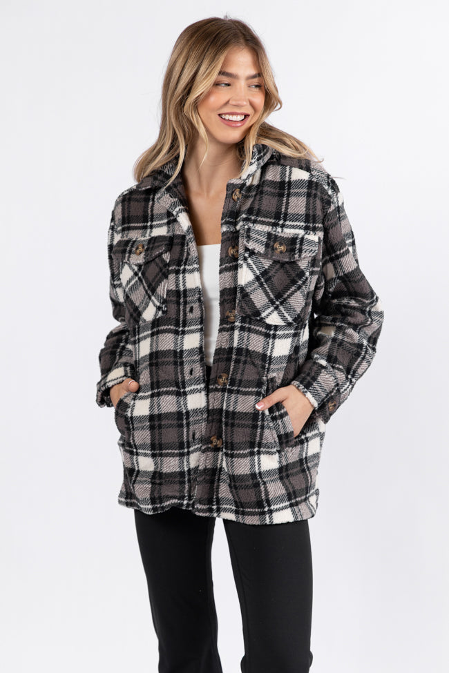 Through The Leaves Black Plaid Sherpa Shacket FINAL SALE-Sunny Prom