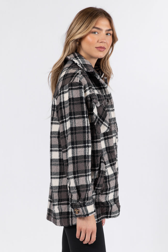 Through The Leaves Black Plaid Sherpa Shacket FINAL SALE-Sunny Prom