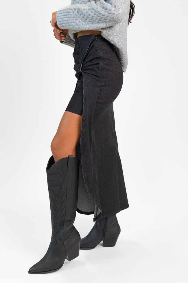 Unexpected Turn Black Denim Twist Front Midi Skirt FINAL SALE-Sunny Prom