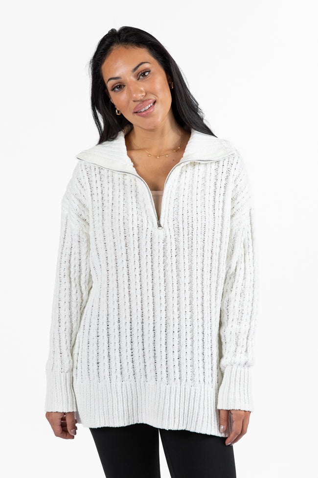 Forever Yours White Cable Knit Chenille Quarter Zip Sweater FINAL SALE-Sunny Prom