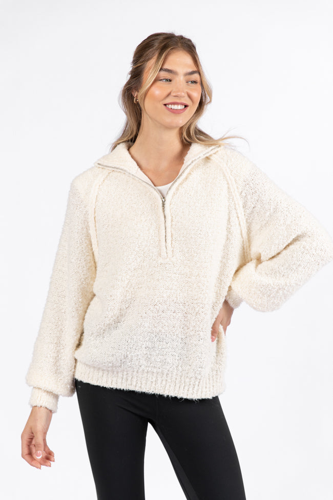 Signature Move Cream Fuzzy Quarter Zip Pullover FINAL SALE-Sunny Prom