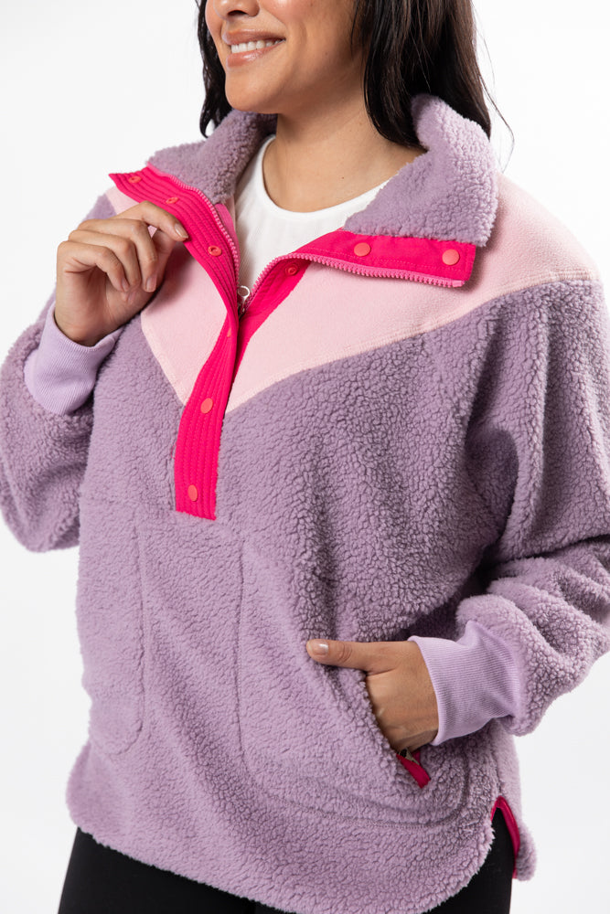 Good Feelings Purple Multi Colorblock Sherpa Pullover FINAL SALE-Sunny Prom