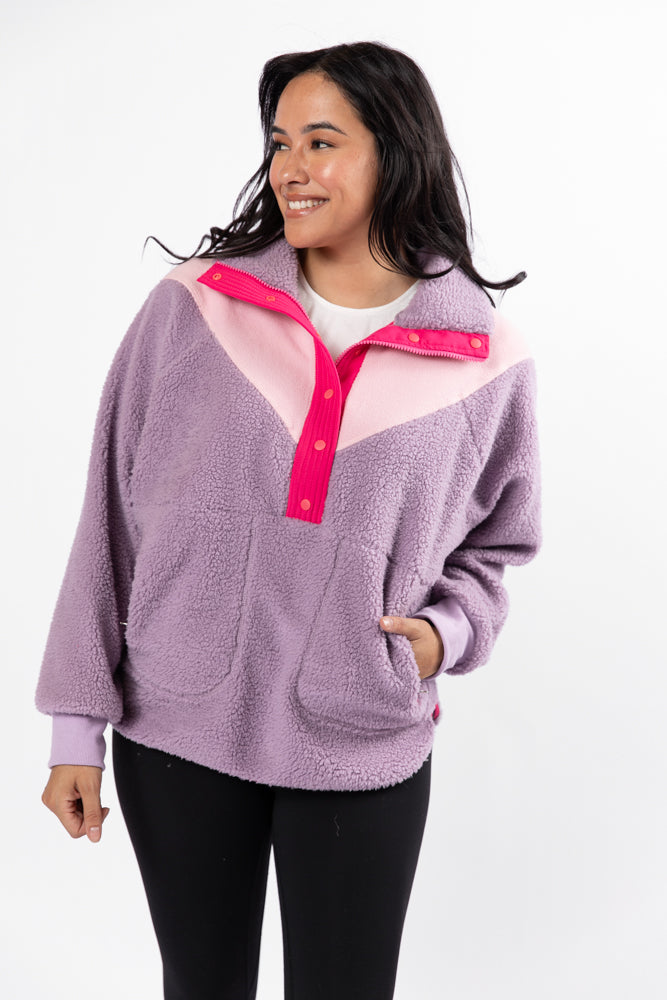 Good Feelings Purple Multi Colorblock Sherpa Pullover FINAL SALE-Sunny Prom