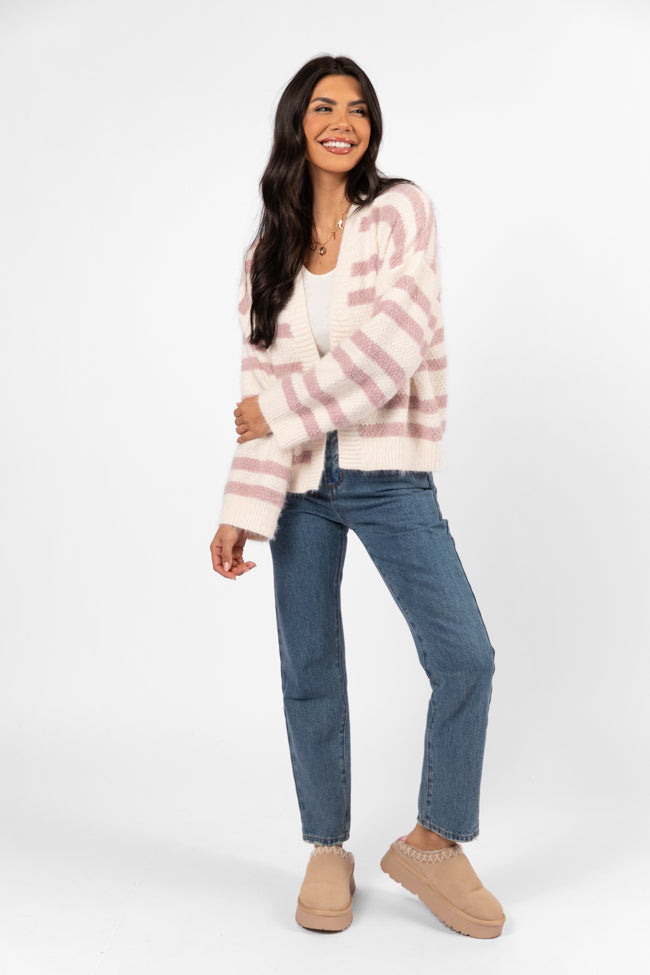 Made My Change Mauve and Cream Fuzzy Striped Cardigan SALE-Sunny Prom