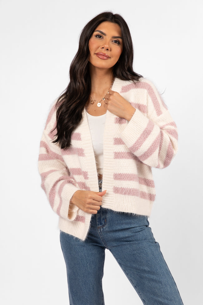 Made My Change Mauve and Cream Fuzzy Striped Cardigan SALE-Sunny Prom