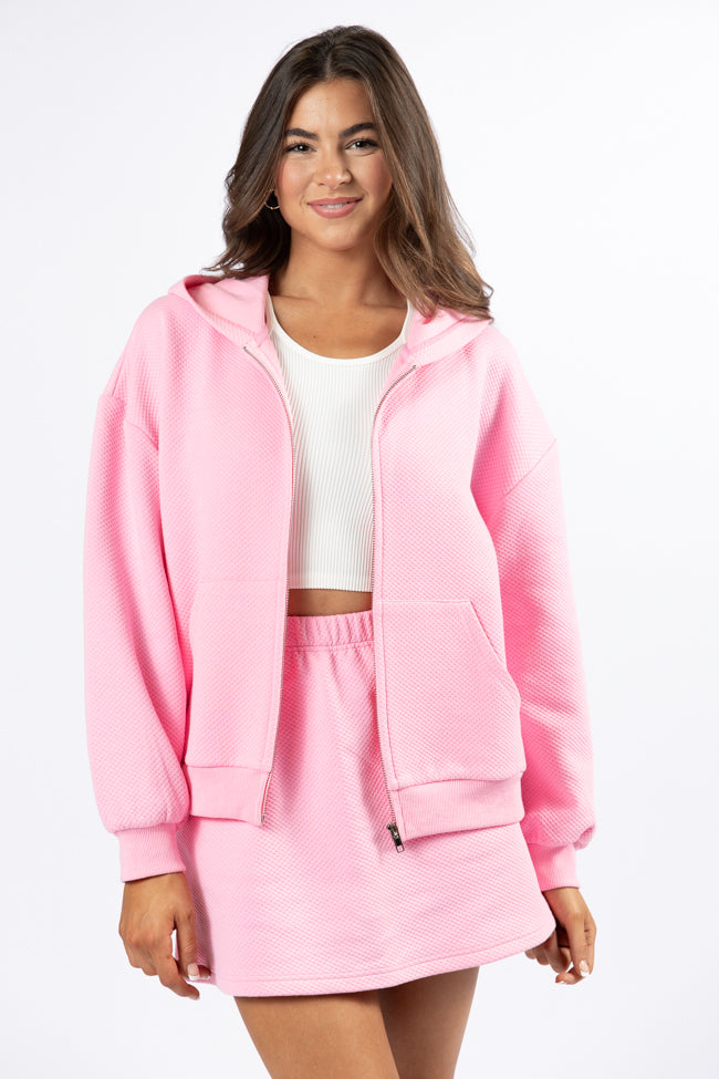 Have It My Way Pink Textured Knit Zip Up Hooded Sweatshirt-Sunny Prom