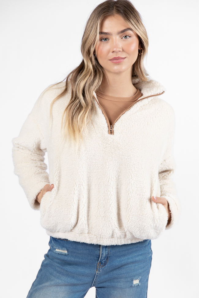 Stay Here Beige Contrast Trim Sherpa Pullover FINAL SALE-Sunny Prom