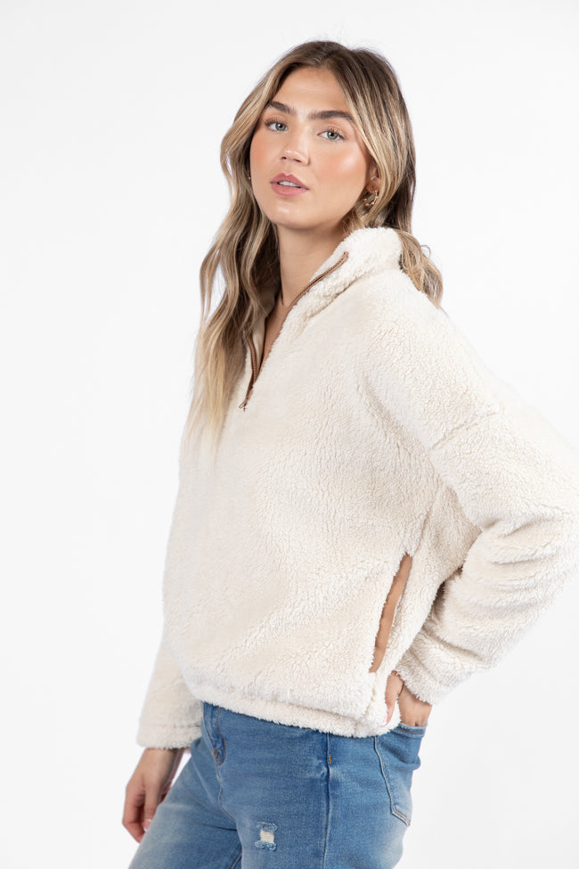 Stay Here Beige Contrast Trim Sherpa Pullover FINAL SALE-Sunny Prom
