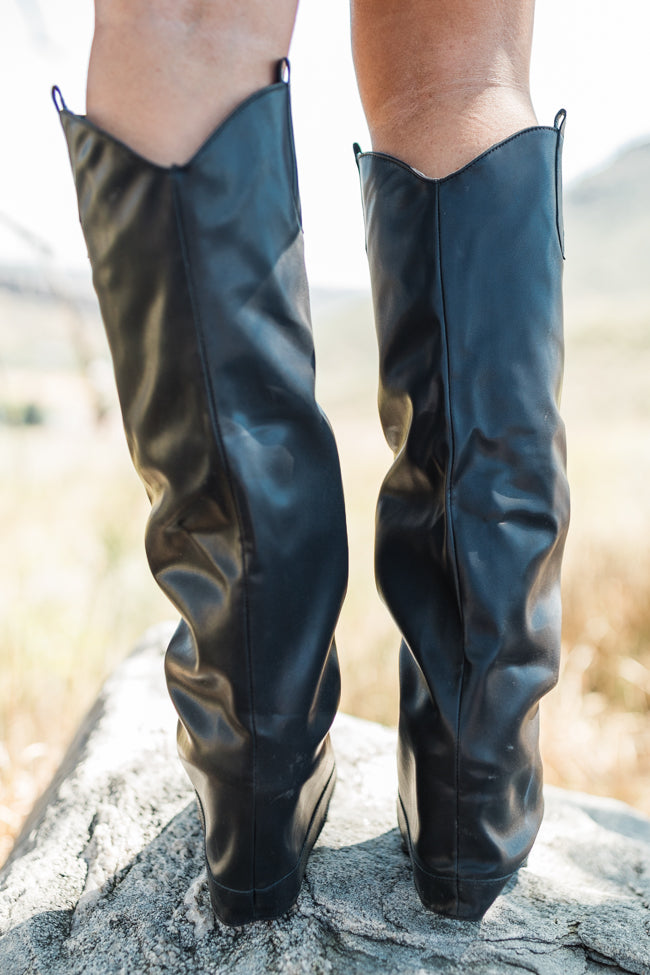 Heather Black Leather Fold Over Boots FINAL SALE-Sunny Prom