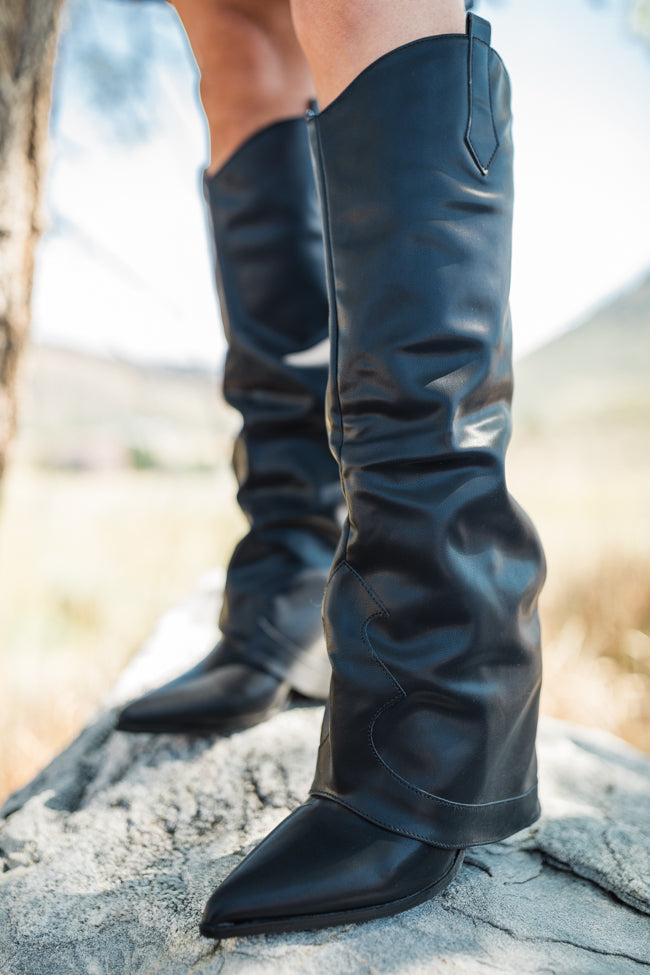 Heather Black Leather Fold Over Boots FINAL SALE-Sunny Prom