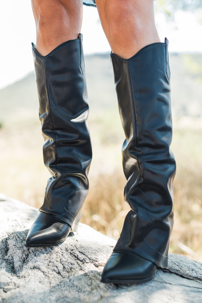 Heather Black Leather Fold Over Boots FINAL SALE-Sunny Prom