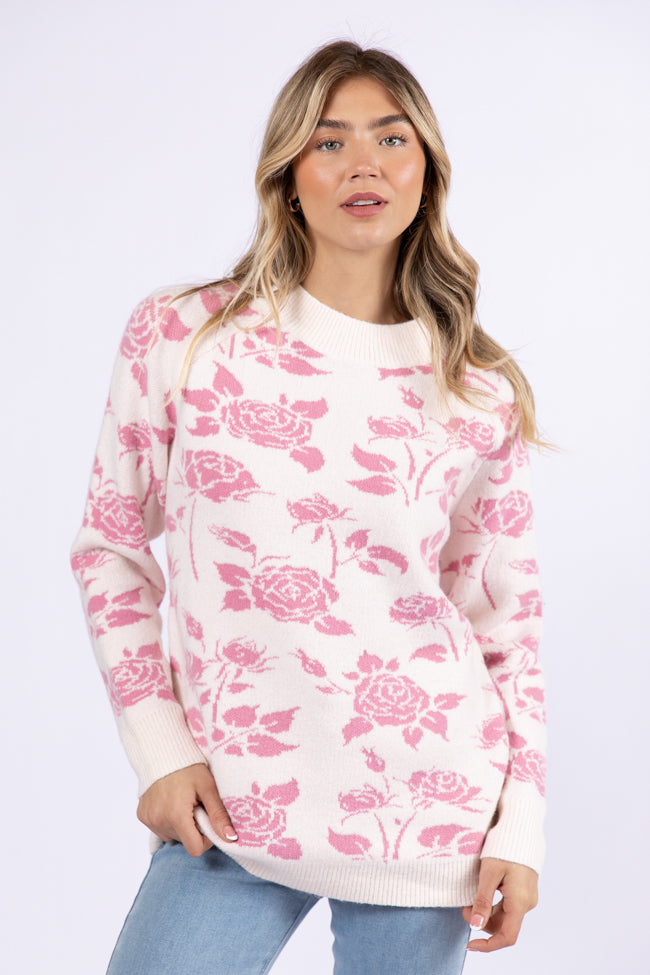 Feeling Like Love Ivory and Pink Floral Crew Neck Sweater FINAL SALE-Sunny Prom