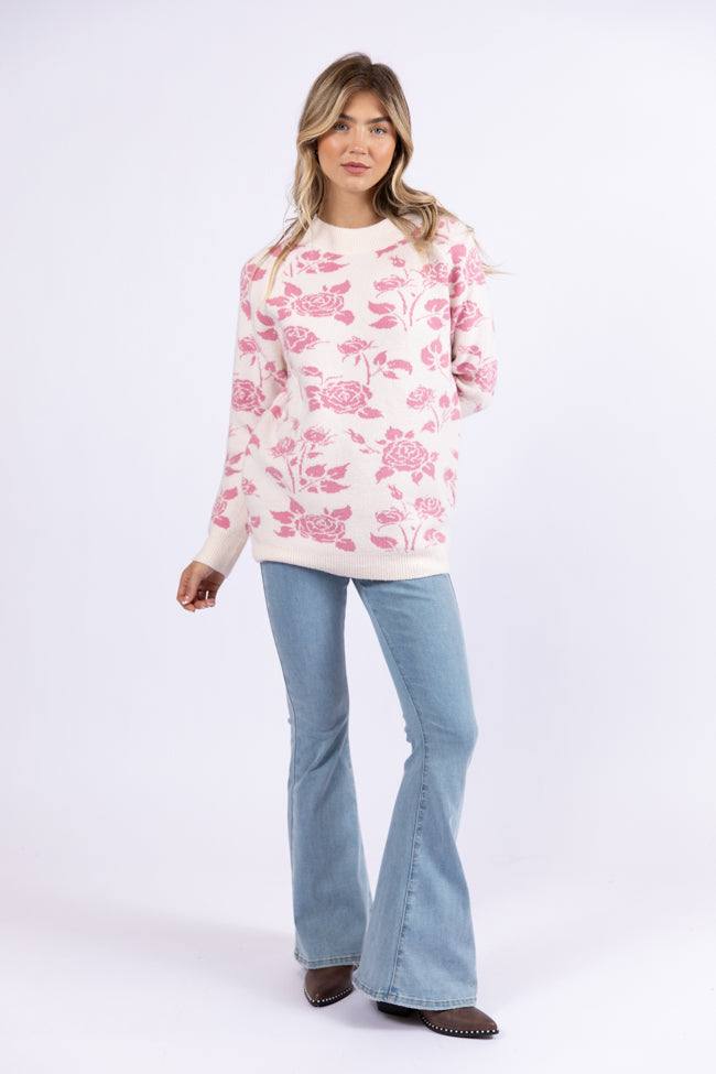 Feeling Like Love Ivory and Pink Floral Crew Neck Sweater FINAL SALE-Sunny Prom