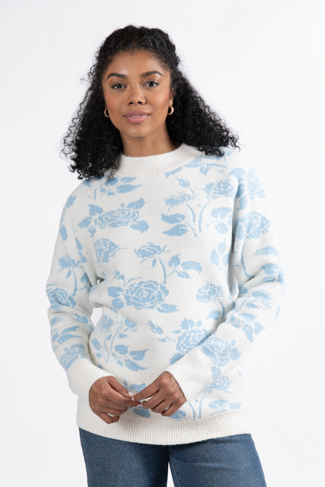 Feeling Like Love Ivory and Blue Floral Crew Neck Sweater FINAL SALE-Sunny Prom