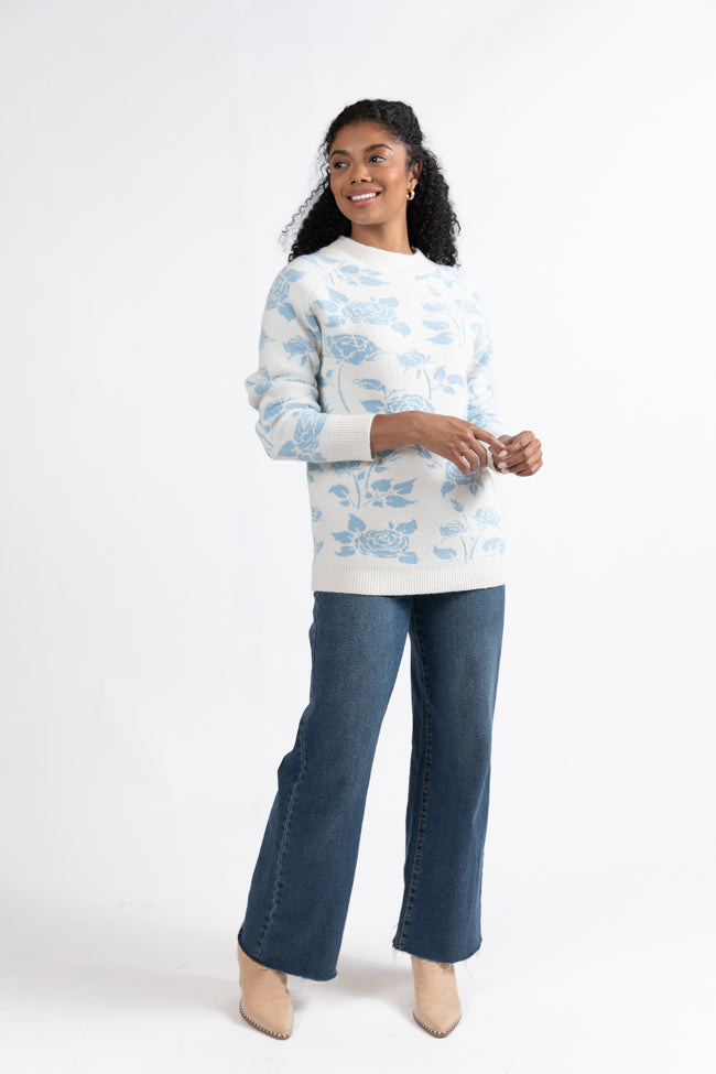 Feeling Like Love Ivory and Blue Floral Crew Neck Sweater FINAL SALE-Sunny Prom