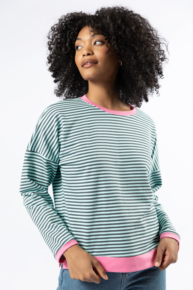 Think On It Pink, Navy, and Charcoal Striped Contrast Trim Pullover FINAL SALE-Sunny Prom
