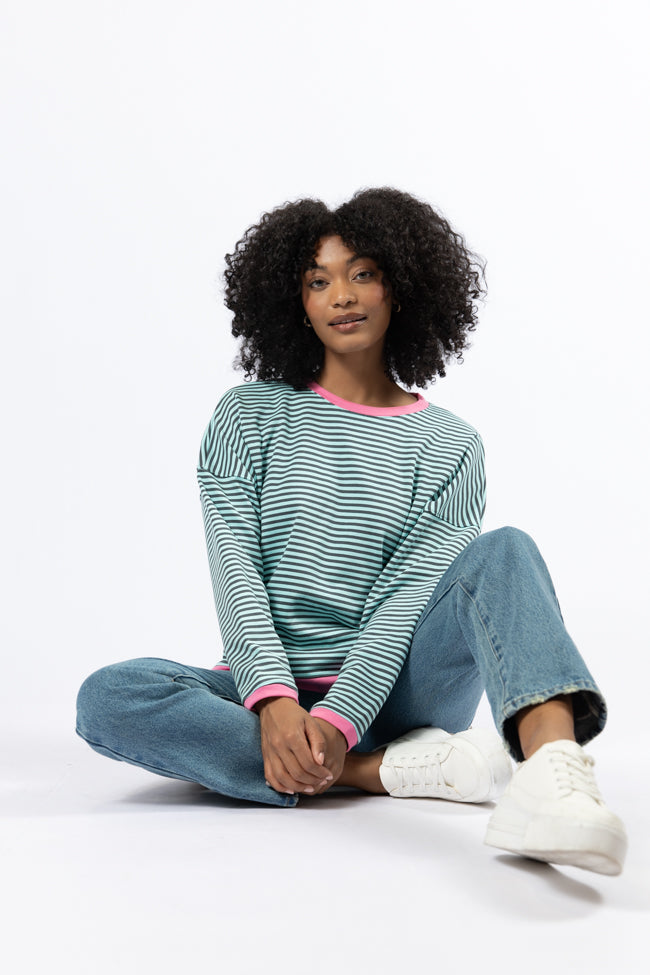 Think On It Pink, Navy, and Charcoal Striped Contrast Trim Pullover FINAL SALE-Sunny Prom