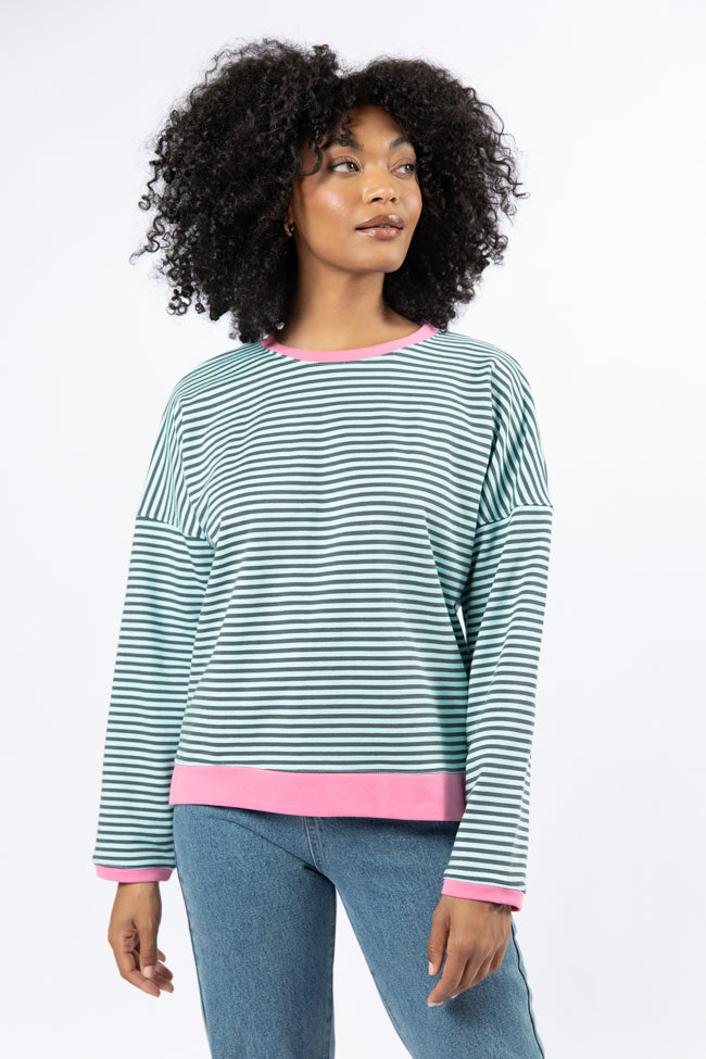 Think On It Pink, Navy, and Charcoal Striped Contrast Trim Pullover FINAL SALE-Sunny Prom